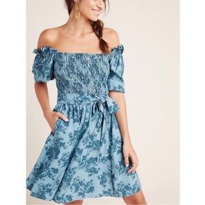 Gal Meets Glam Blue and White Puff Sleeve  Dress